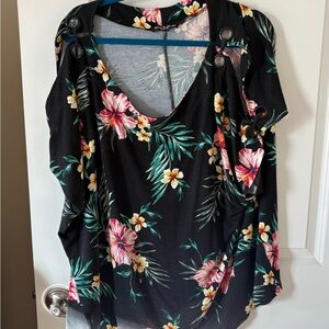 Floral Cold-Shoulder Women’s Top in Black with Pink & Yellow Flowers